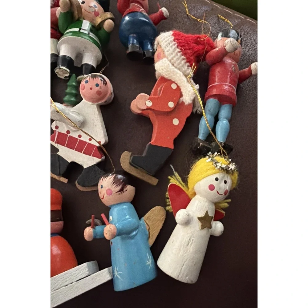 VTG Small Wooden Christmas Ornaments Lot Of 16 Santa, Snowman, Mrs. Santa, Skate